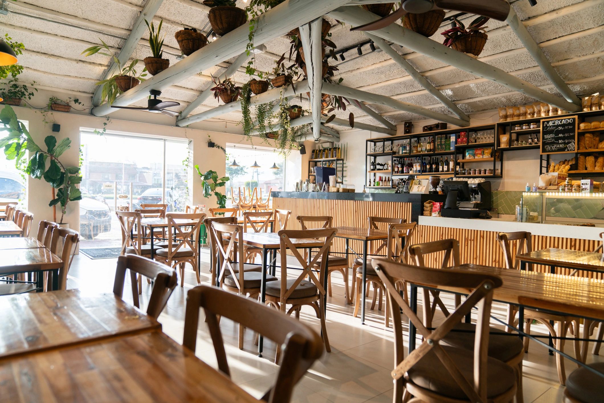 Stylish restaurant interior with tables and seating